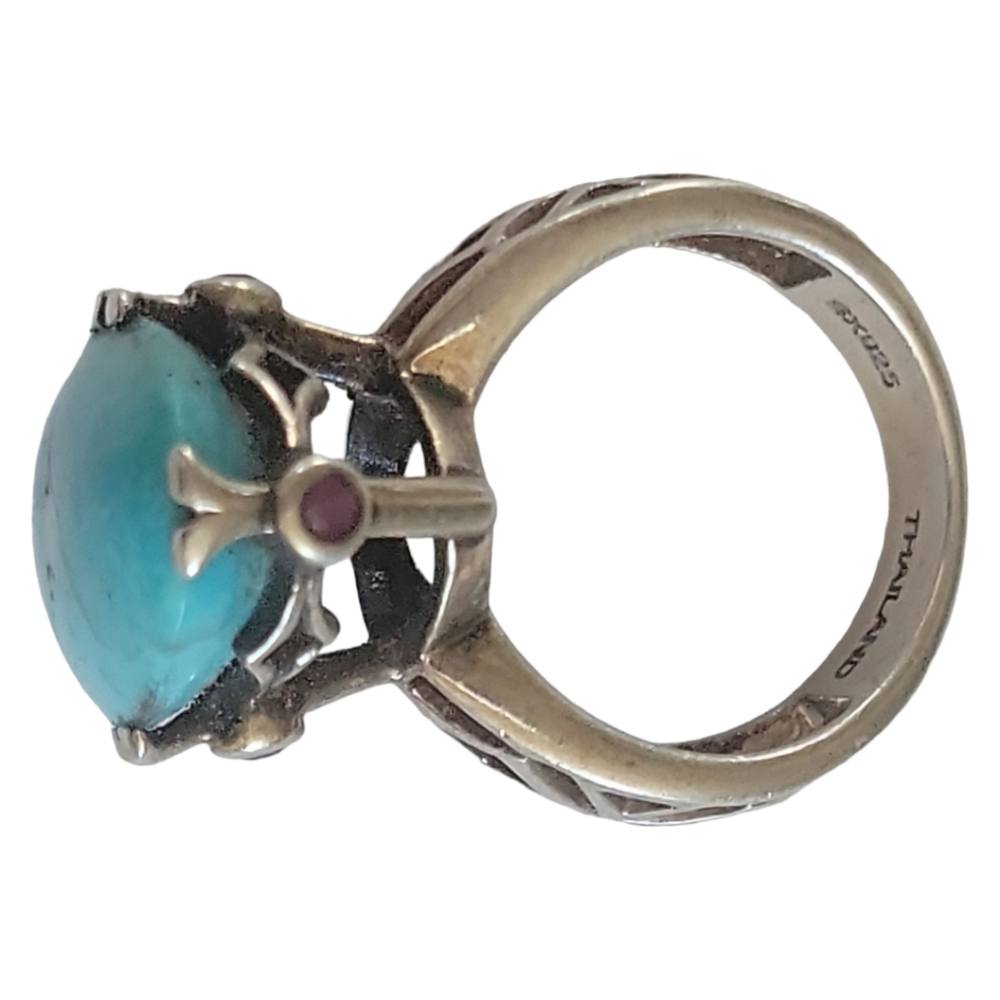 Hand Crafted Sterling Silver 925 Turquoise High Set Celtic Cross Geometric Ring - Picture 3 of 7